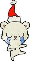 crying polar bear textured cartoon of a wearing santa hat vector