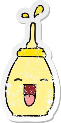 distressed sticker of a quirky hand drawn cartoon happy mustard