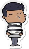 sticker of a cartoon model guy pouting holding books vector