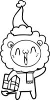 happy line drawing of a lion wearing santa hat vector