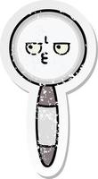 distressed sticker of a cute cartoon magnifying glass vector