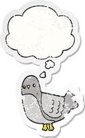 cartoon bird and thought bubble as a distressed worn sticker vector