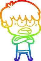 rainbow gradient line drawing worried cartoon boy vector