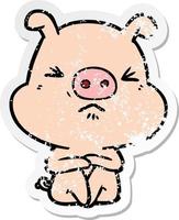 distressed sticker of a cartoon angry pig sat waiting vector