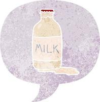 cartoon milk bottle and speech bubble in retro textured style vector