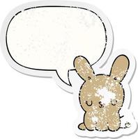 cute cartoon rabbit and speech bubble distressed sticker vector