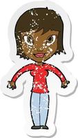 retro distressed sticker of a cartoon woman shrugging shoulders vector