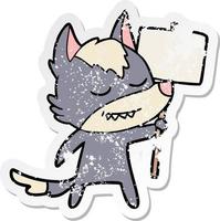 distressed sticker of a friendly cartoon wolf with blank sign vector