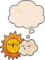 cartoon sun and cloud and thought bubble in grunge texture pattern style vector