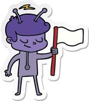 sticker of a friendly cartoon spaceman with white flag vector