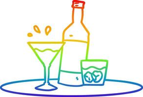 Línea de gradiente de arco iris dibujando bebidas de dibujos animados en la bandeja vector