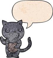 lindo gato de dibujos animados y burbuja de habla en estilo de textura retro vector