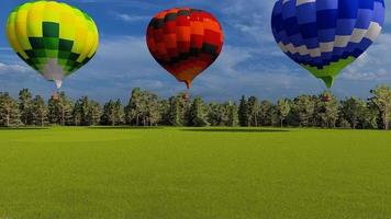 trois ballons à air chaud volant lentement ensemble dans le ciel clair video