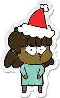 sticker cartoon of a whistling girl wearing santa hat vector