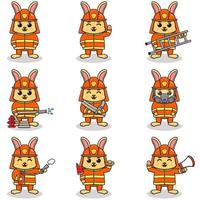 Vector Illustration of Rabbit cartoon with Firefighter costume. Set of cute Rabbit characters. Collection of funny Rabbit isolated on a white background.