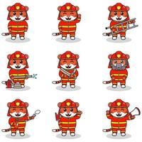 Vector Illustration of Tiger cartoon with Firefighter costume. Set of cute Tiger characters. Collection of funny Tiger isolated on a white background.