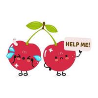 Cute sad sick cherry asks for help character. Vector hand drawn cartoon kawaii character illustration icon. Isolated on white background. Suffering unhealthy yellow cherry character concept