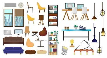Vector set of furniture for creative loft interior, coworking or open space. Modern lamps, cupboards with books and folders, chairs, tables, sofas, windows with cityscape. Flat design.