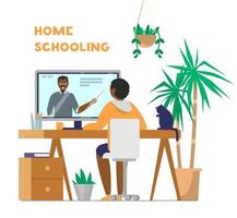 Afro-american kid sits at table and looks at teacher on screen. Home schooling or online learning concept. Flat vector illustration.