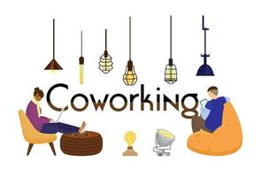 Coworking horizontal concept banner with people working at laptop and tablet. Loft lamps.  Flat vector illustration.