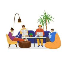 People in coworking sitting around table reading and working. Creative freelancers. Isolated on white. Flat vector illustration.