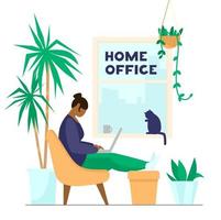 Afro american woman working or studying at laptop from home. Home office with plants and cat. Flat vector illustration.