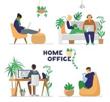 conjunto de diferentes personas que trabajan o estudian con computadoras portátiles, computadoras, tabletas desde casa. concepto de oficina en casa. ilustración vectorial plana. vector