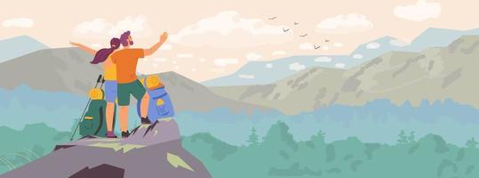 Couple standing on top of the mountain observing beautiful landscape horizontal banner. Man and woman hiking vector illustration.