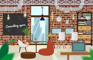 Coworking space interior in loft style. Open space office with brick walls, pipelines,lamps, beanbags chairs, plants, window with cityscape,  laptops, bookcase. Flat vector. vector