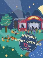 Vector Welcome To Night Open Air Festival Invitation. Vertical Banner Design With  Music Stage And People Dancing At Night. Party Invitation.