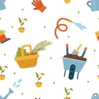 Gardening seamless vector pattern. Illustrations of gardening equipment, seedlings, basket with vegetables.