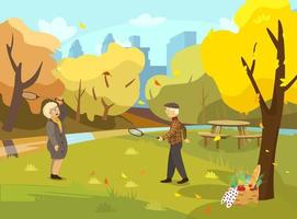 Vector illustration of old couple playing badminton in autumn park. Fall park scene. Picnic basket. City silhouette at the background. Cartoon style.