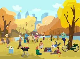 Autumn park scene with lots of people. Kids playing board game, elder people playing badminton,couple having picnic, woman playing the guitar, boy playing rugby. Grill with sausages, cooler bag.Vector vector