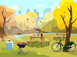 Vector illustration of autumn landscape in park. Picnic table with sandwiches, thermos and wine. Barbecue with food and cooler bag with products. Bike near tree. City at the background. Flat style.