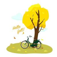 Hello fall vector illustration. Retro bike near yellow tree, leaves falling. Flat style.