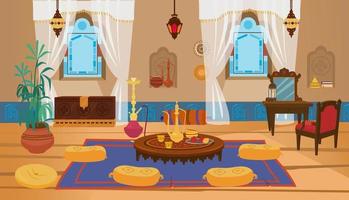 Middle eastern living room interior with wooden furniture and decoration elements. Round low table with tea pot and pillows, dressing table with chair, lanterns with stained glass. Cartoon vector.