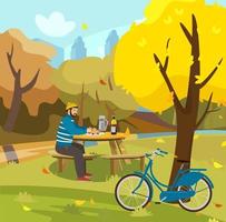Vector illustration of a man having picnic in autumn park. Fall in the city park. Bike near tree. Eating outdoors. Yellow trees with leaves falling. Cartoon vector.