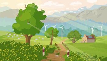 Countryside panorama. Beautiful summer landscape with trees, forest, mountains, sheep, sun rays, windmills. Countryhouse with solar battery on the roof. Eco life concept. Vector illustration.