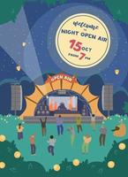 Vector Welcome To Night Open Air Festival Invitation. Vertical Banner Design With Electronic Music Stage And People Dancing At Night. Party Invitation.
