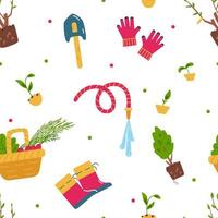 Gardening seamless vector pattern. Illustrations of gardening equipment, seedlings, basket with vegetables.