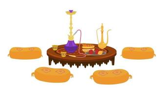 Arabic round low table with tea pot and hookah with pillows around. Plate with pomegtanates and lemon. Traditional wooden arab furniture. Interior element. Cartoon vector. vector
