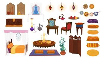 Big vector set of arab, moroccan or indian interior elements. Furniture in middle eastern style, pillows, lanterns, hookah, chest, screen, ceramics. Cartoon.