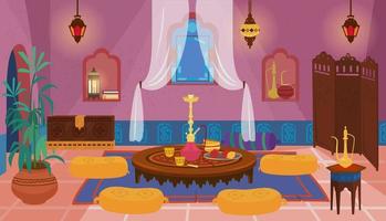 Traditional middle Eastern bedroom with furniture and decoration elements.Four poster bed with dream catcher, screen, lanterns, toilet table with chair, ceramics, carpets, plant. Cartoon vector.