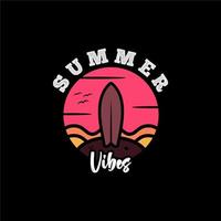 Simple Surfboard And Beach For Summer T-Shirt Or Logo Design. Summer Vibes Typography vector