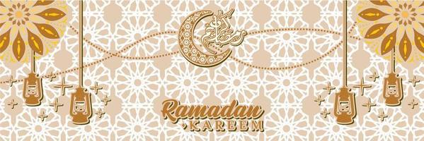 plantilla de banner de ramadán con caligrafía árabe traducción de ramadán kareem feliz ramadán con adornos de luna creciente y patrones islámicos vector