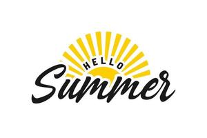 Hello Summer with Shining Sun Vector. Hand drawn lettering. Summertime phrase, quote. Poster, card, design element. vector