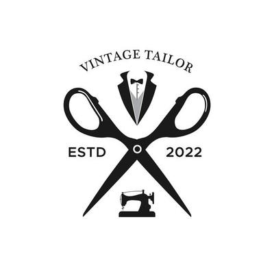 Vintage Tailor Logo With Sewing Machine, Suit And Scissor Design