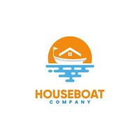 casa de botes y puesta de sol en el mar para el logotipo de resort de vacaciones en la playa vector