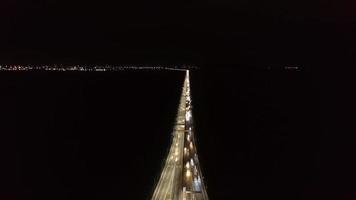 Aerial view Penang Bridge car traffic light trail video
