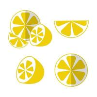 Lemons set halved and sliced pieces in flat style with shadow. Isolated vector illustration.